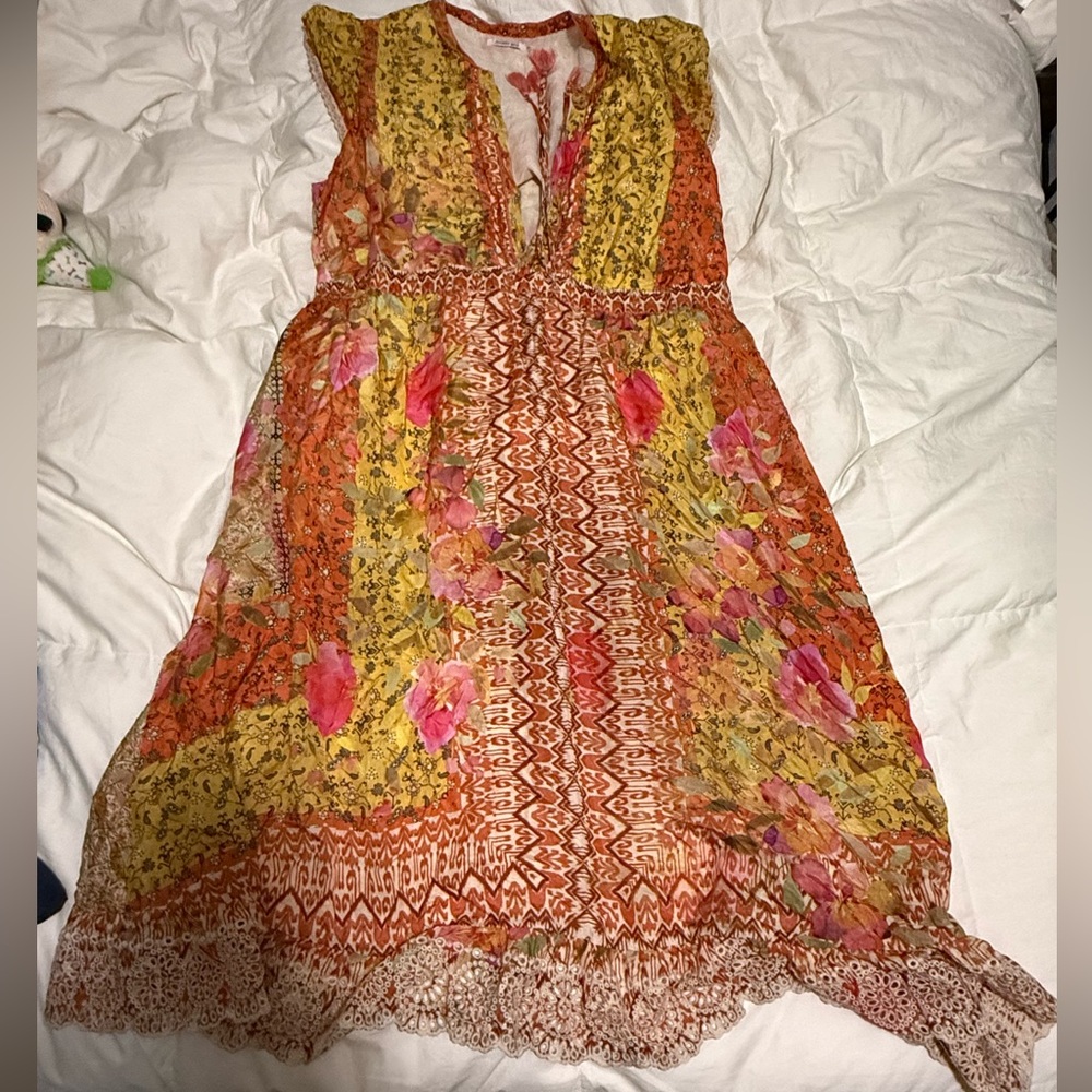 Johnny Was Multicolor Bohemian Dress 100% Silk Size M Medium